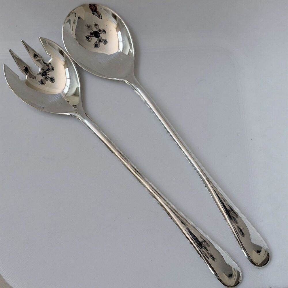 Italy Silverplate Flatware 2pc Solid Salad Set 9” Glossy Plain Round End Down